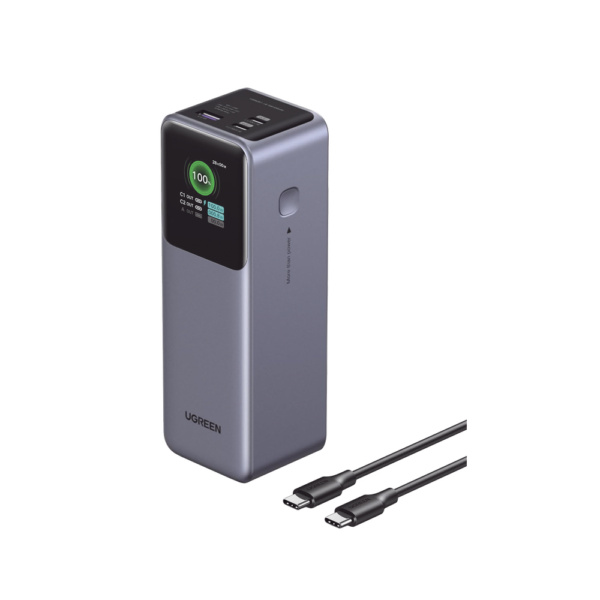 Power Bank de 25000mAh | 3 Salidas 200W Max. | USB-A + 2 USB-C | PD 3.0, QC3.0 | FCP | SCP | Pantalla Inteligente | Carcasa Ignifuga | Color Gris | Incluye Cable USB de 50cm | Carga tu Laptop de Manera Segura.