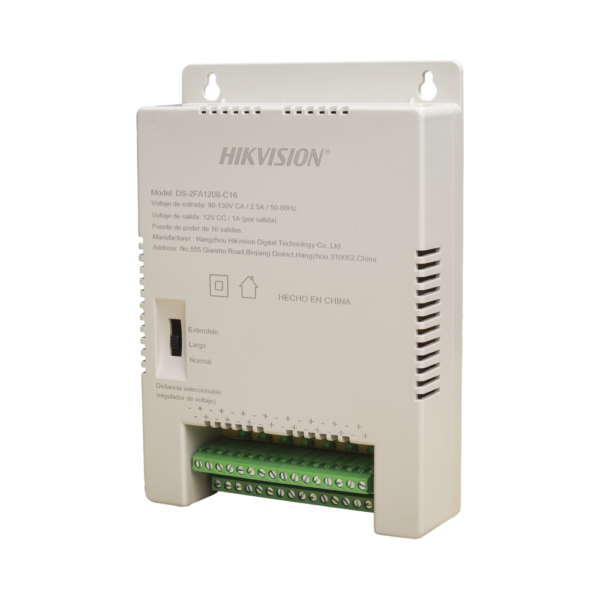 Fuente de Poder Regulada 12 Vcc / 13.5 Vcc / 15 Vcc para 16 Cámaras / 16 Amp (1 Amp por Salida) / Voltaje de Entrada 90 - 130 VCA / Soporta 4K / Modo para Largas Distancias