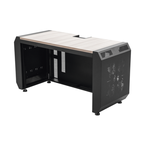 Consola Profesional para Monitoreo o Computo | Ranura para Base de Monitores | Microperforaciones | Luces LED Decorativas | Tomacorriente HTCM1U10C | Tapas Organizadoras de Cables | Niveladores | Rack para Montaje de Equipos | Ranura Pasaca