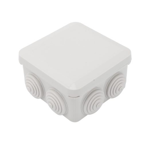 Caja Estanca, Derivación, Conexión de Plástico (89 X 89 X 50 mm) con 7 Glándulas de Goma. Para Instalaciones Comerciales,  Residenciales e Industriales. Cerrado a Presión.