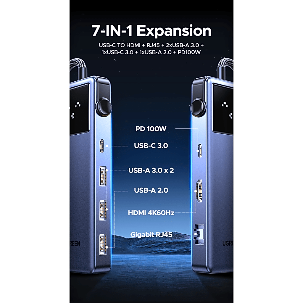 Hub USB-C 7 en 1 / USB-C a HDMI 4K 60Hz / 2x USB-A 3.0 + USB-C 3.0 + USB-A 2.0 / Gigabit Ethernet / PD 100W / Cable 20 cm (7.9 in) - Image 3