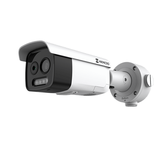 (HIKMICRO) Bala IP Bi-Espectral / Térmica (160 X 120 / 9.7 mm) + Óptica (5 MP / 12.4 mm) / GUANLAN AI / Detección Térmica de Incendios y Humos / Medición de Temperatura -20° a 150°C / ± 8°C Margen / VC