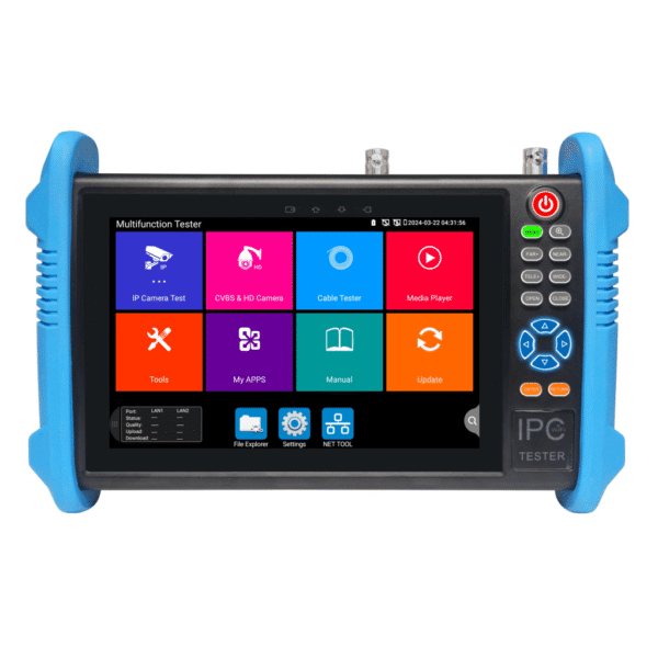 Tester de Video Profesional | Pantalla 7"| Prueba IP/HD/Analógicas | TVI/CVI/AHD/CVBS | IP ONVIF | 4K/8K | H.264/H.265 | HDMI | PTZ | Scanner IP | TDR | Salidas 12V/24V/PoE | Activación Simultanea.
