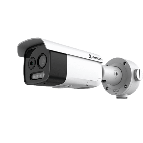 (HIKMICRO) Cámara Bala IP Bi-Espectral  / Térmica (256 X 192 / 3.6 mm) + Óptica (5 MP / 4.3 mm) / GUANLAN AI / Detección Térmica de Incendios y Humos / Medición de Temperatura -20°
