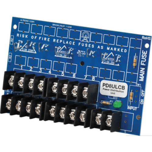 Módulo de Distribución de Energía UL PD8ULCB / 8 Salidas Clase 2 PTC Protegidas / Entrada 12-24VDC o 24-28VAC / Auto-resetable / Montaje Incluido / Garantía de Por Vida