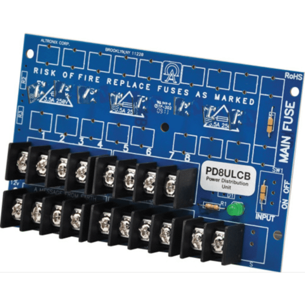 Módulo de Distribución de Energía UL PD8ULCB / 8 Salidas Clase 2 PTC Protegidas / Entrada 12-24VDC o 24-28VAC / Auto-resetable / Montaje Incluido / Garantía de Por Vida