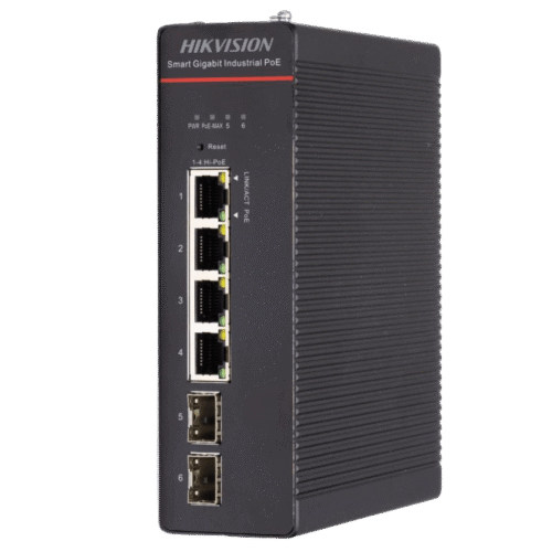 Switch Industrial / Administrable Gigabit / 4 Puertos Gigabit HiPoE (90 W) / 2 Puertos SFP / 300 W Total / 48 a 57 VCD / Ideal para Proyectos / 300 Metros de Distancia