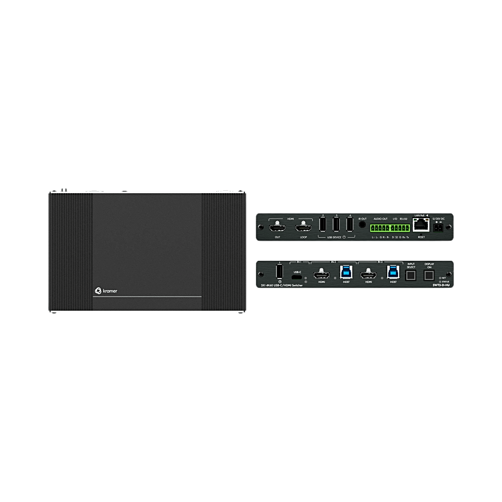 Auto-Switcher | 1 USB-C + 2 HDMI/USB Inputs | HDMI Output | USB 3.2 Switching | 4K@60Hz | HDCP 2.3 | PoE | MegaTOOLS Enclosure