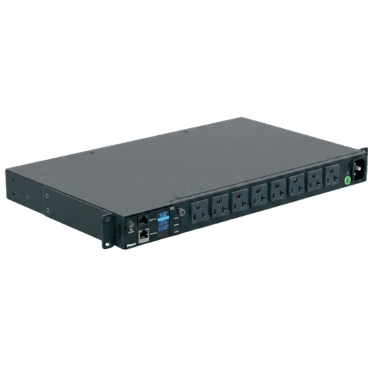PDU Monitoreable (MI) para Distribución de Energía, Enchufe de Entrada NEMA 5-15P, Con 8 Salidas 5-20R, Horizontal 19in, 120 Vca, 20 Amp, 1UR